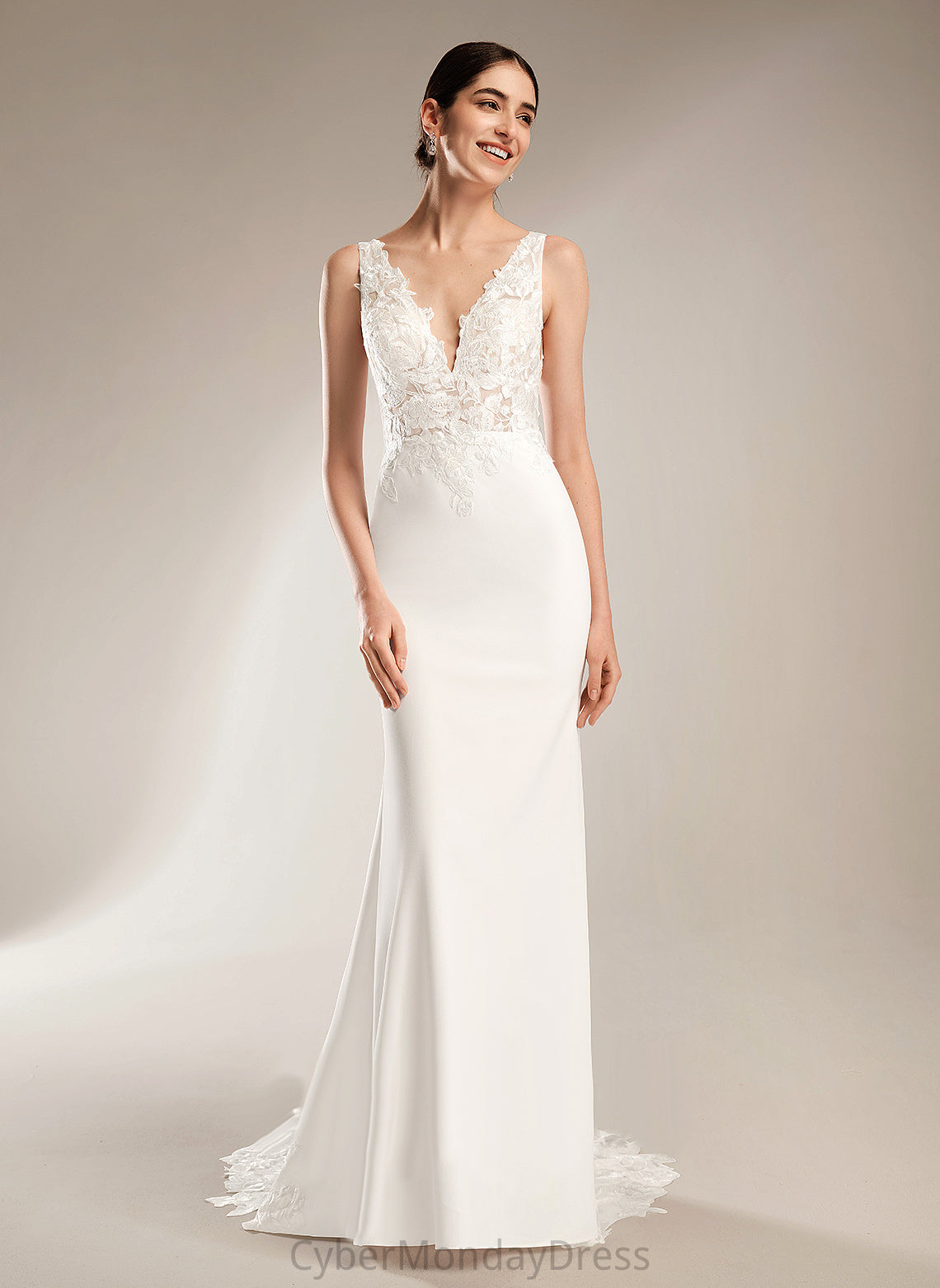 With Ada Court Stretch Sequins Train V-neck Wedding Dresses Sheath/Column Wedding Crepe Dress