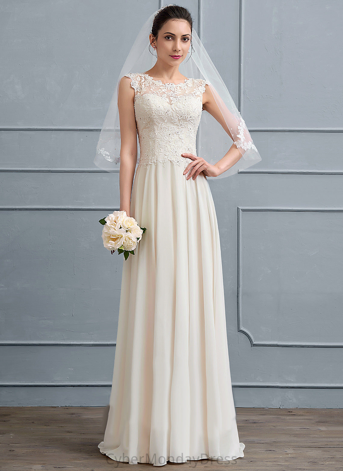 Scoop Samara Neck A-Line Floor-Length Lace With Chiffon Dress Wedding Dresses Sequins Beading Wedding