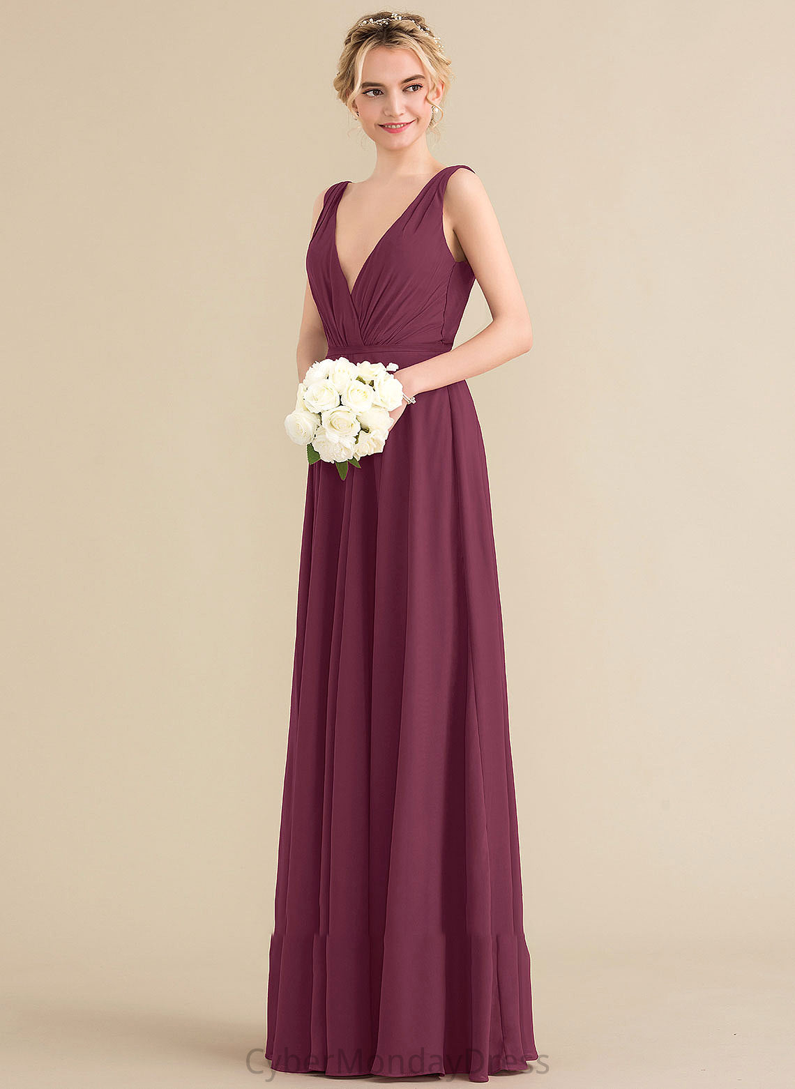 Floor-Length A-Line V-neck Ruffle Fabric Silhouette Embellishment Length Neckline Ashlynn Tea Length Half Sleeves Bridesmaid Dresses