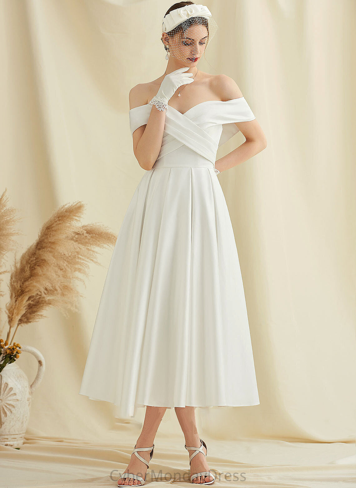 Tea-Length A-Line With Wedding Dresses Pockets Shyla Dress Satin Wedding