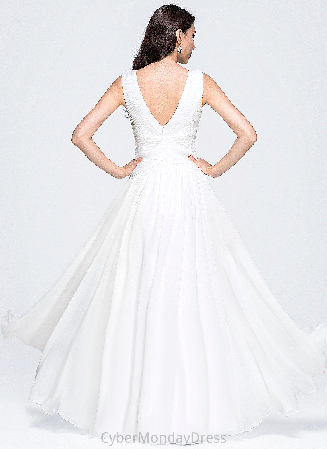 V-neck Eliza A-Line Wedding Dresses Pleated Wedding Floor-Length Chiffon Dress With