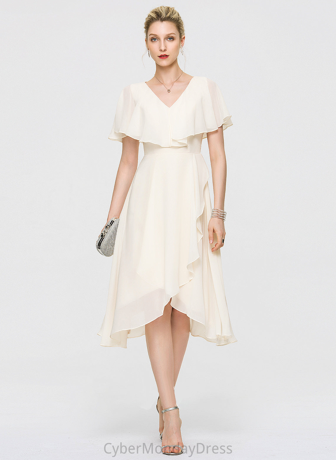 Dress Asymmetrical With Ruffles Bow(s) Raven V-neck Wedding Chiffon A-Line Wedding Dresses Cascading