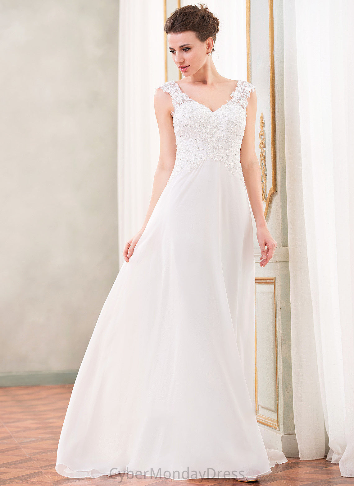 With Train Chiffon Wedding Dresses Sweep Beading Dress Wedding Selah Lace A-Line Sequins V-neck