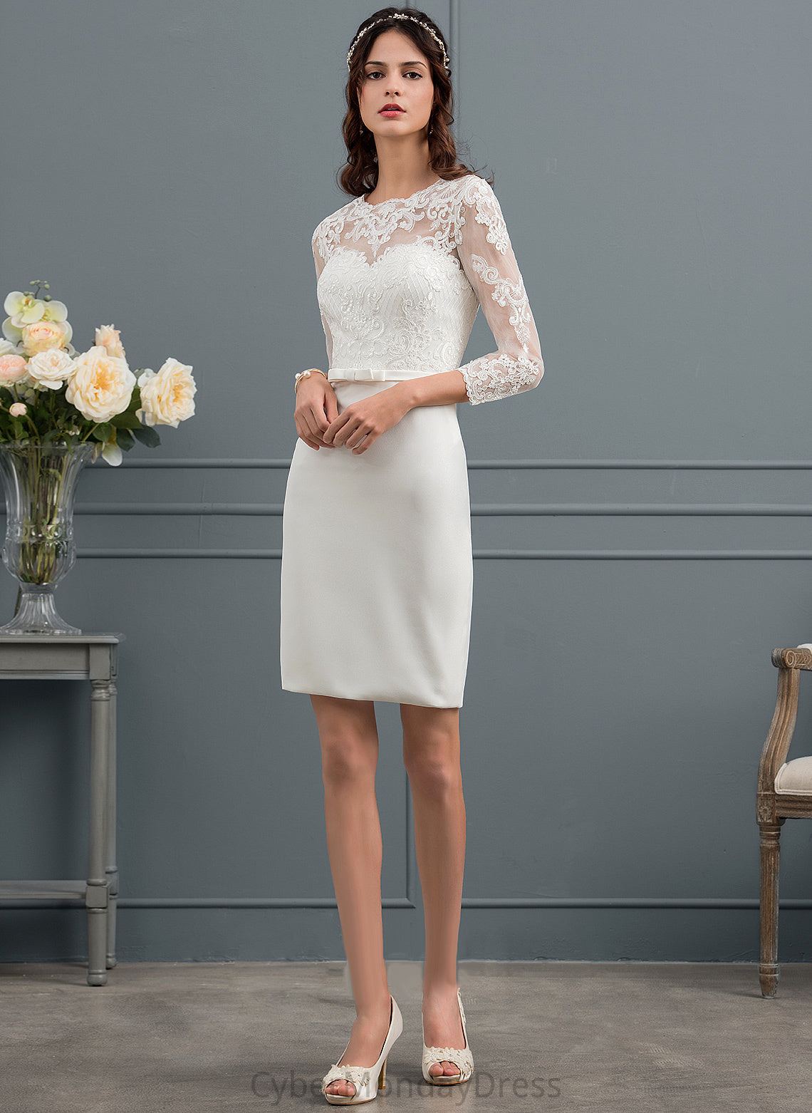 Dress Wedding Sequins Knee-Length Lace Wedding Dresses Illusion With Bow(s) Sheath/Column Cecilia