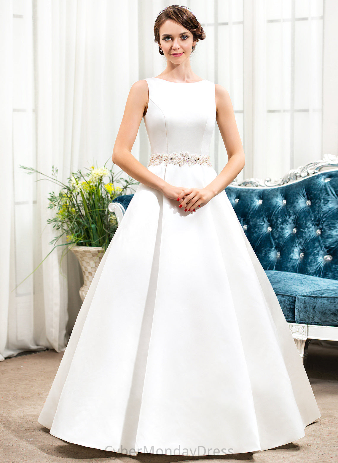 Sequins With Ball-Gown/Princess Floor-Length Wedding Dresses Neck Scoop Dress Wedding Satin Beading Millicent