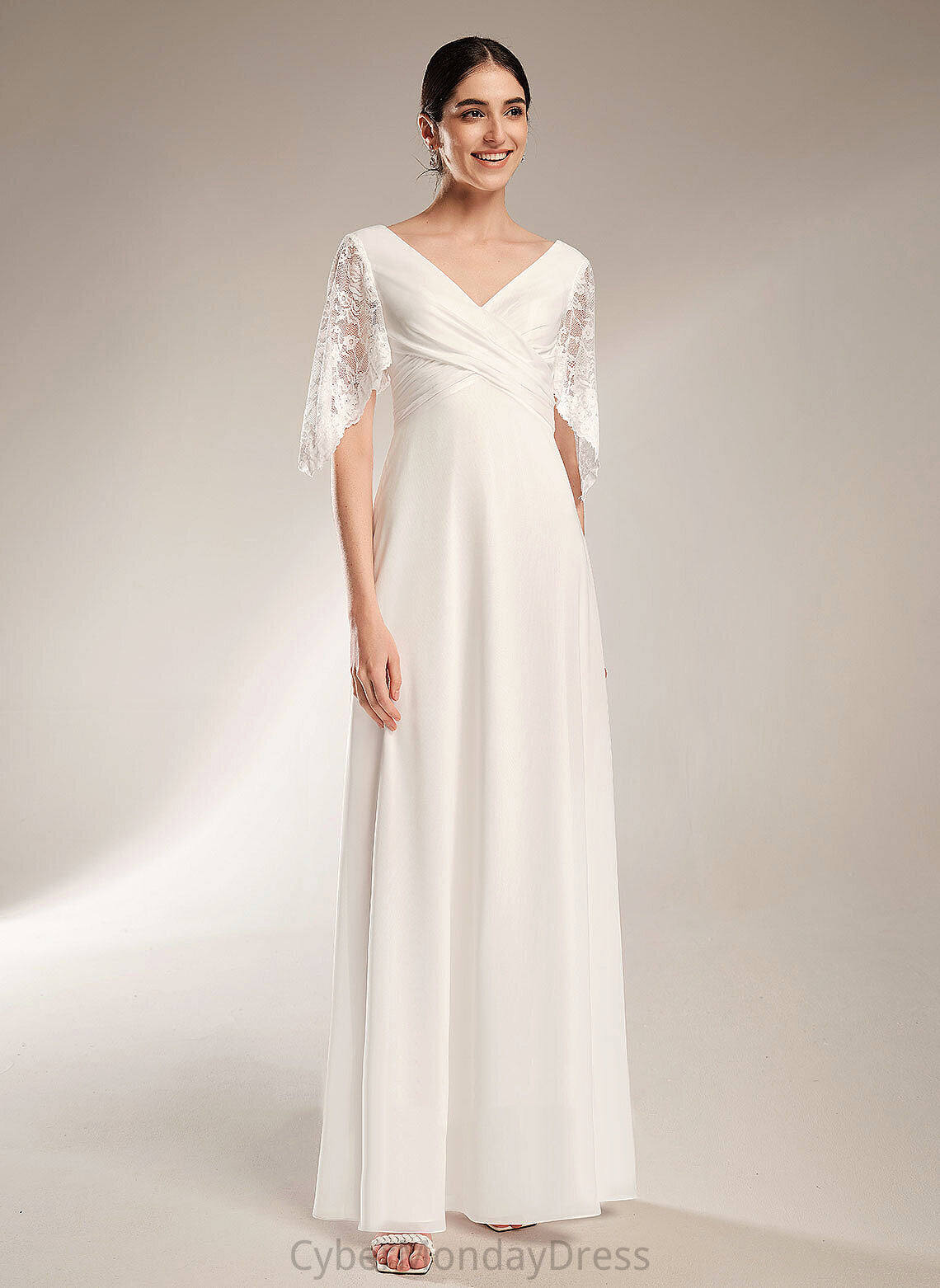 Dress Sheath/Column Chiffon Lace Sylvia With Wedding Wedding Dresses Floor-Length V-neck