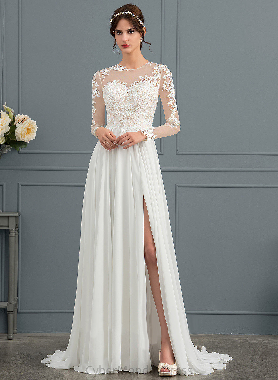 Wedding Wedding Dresses Appliques Sweep Lace A-Line With Split Front Illusion Elianna Train Chiffon Dress Tulle