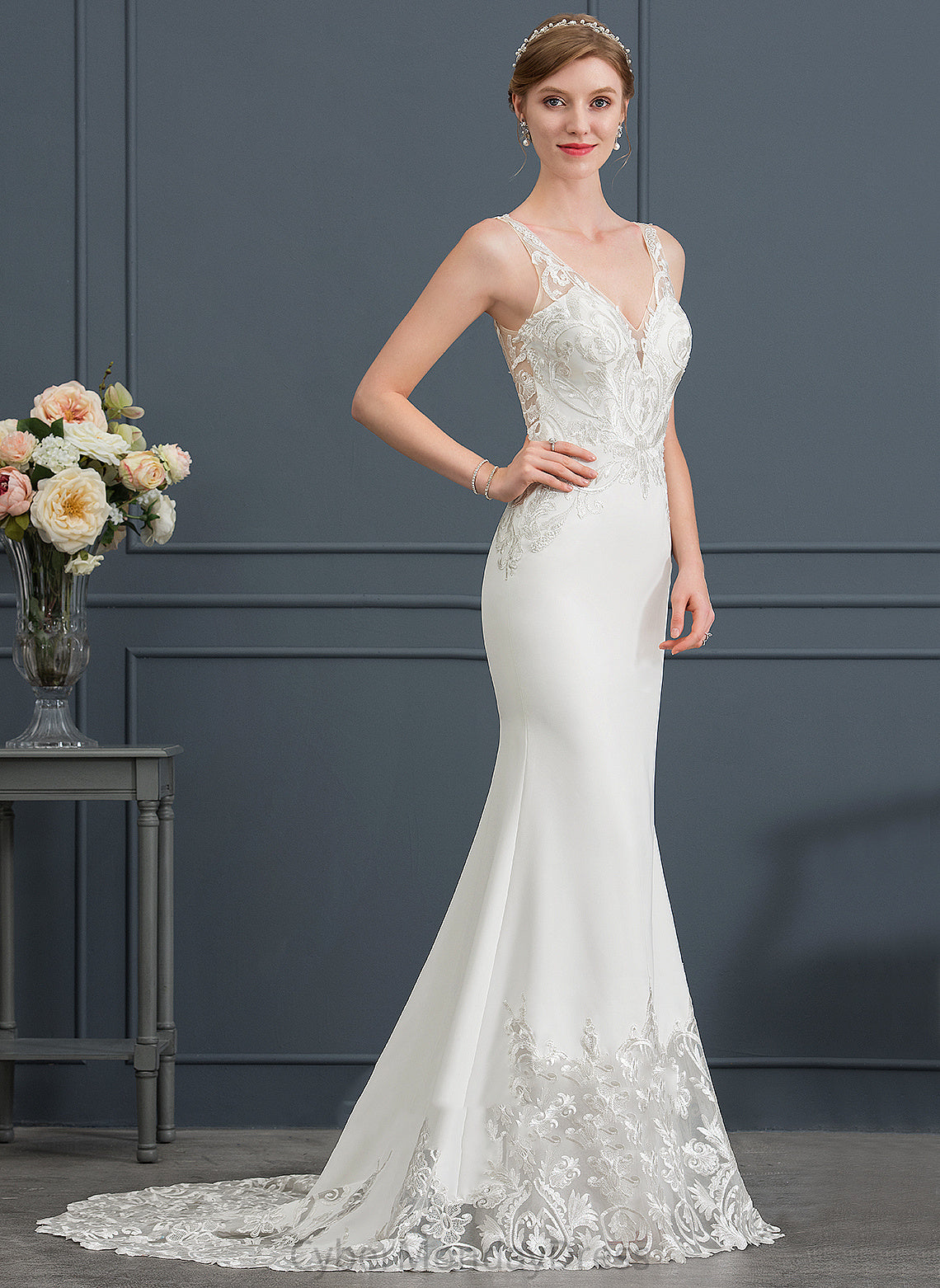 Valeria Stretch Wedding Wedding Dresses V-neck Court Train Trumpet/Mermaid Dress Lace Crepe