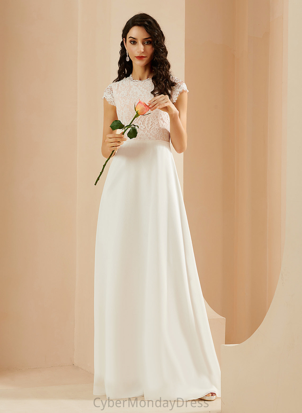 Lace Chiffon Ashley A-Line Scoop Neck Dress Wedding Wedding Dresses Floor-Length With