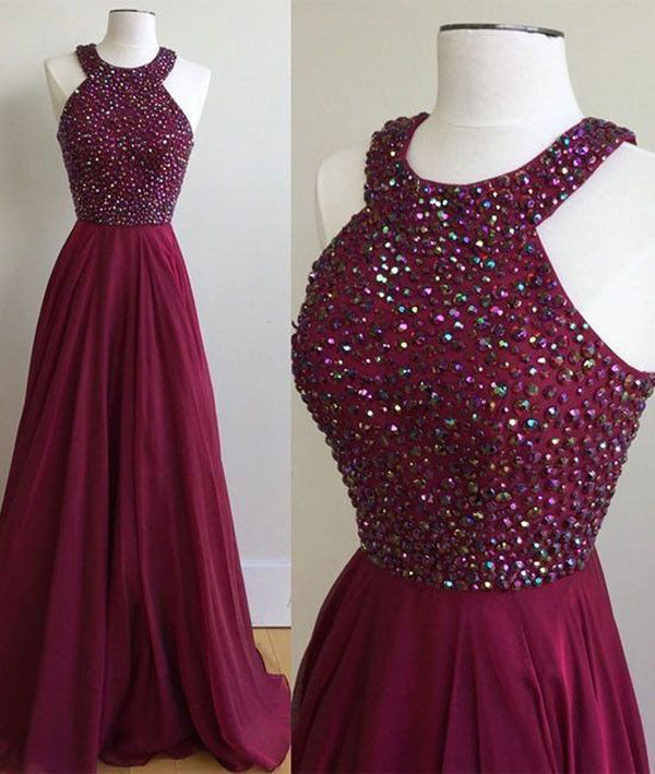 Burgundy A Line Floor Length Halter Sleeveless Beading Prom Dresses