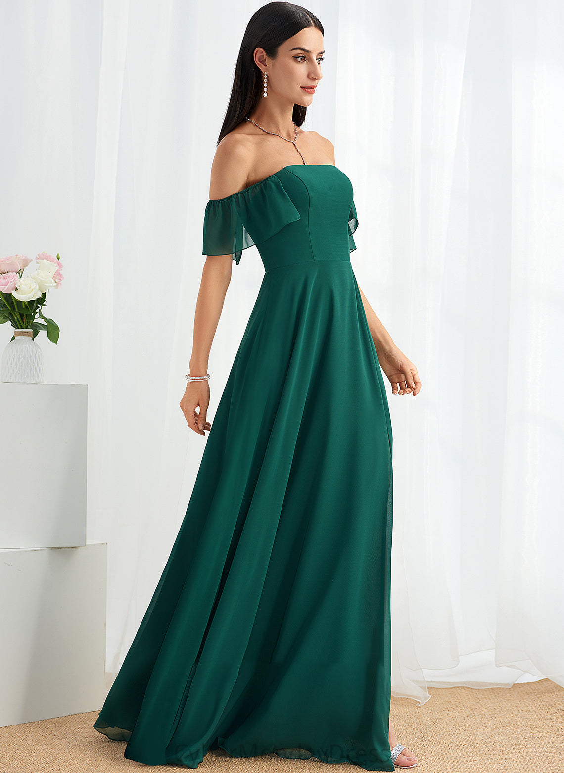 Embellishment A-Line Fabric Silhouette Floor-Length Neckline Off-the-Shoulder SplitFront Length Michelle Bridesmaid Dresses