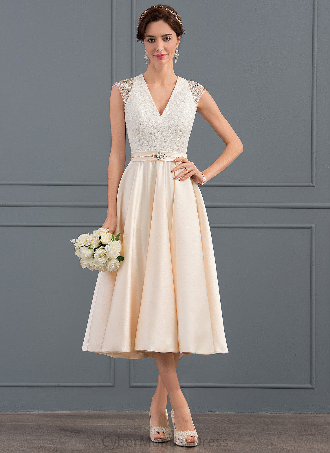 Wedding Wedding Dresses A-Line Lace Tea-Length With Satin Beading Sequins Dress Monique V-neck