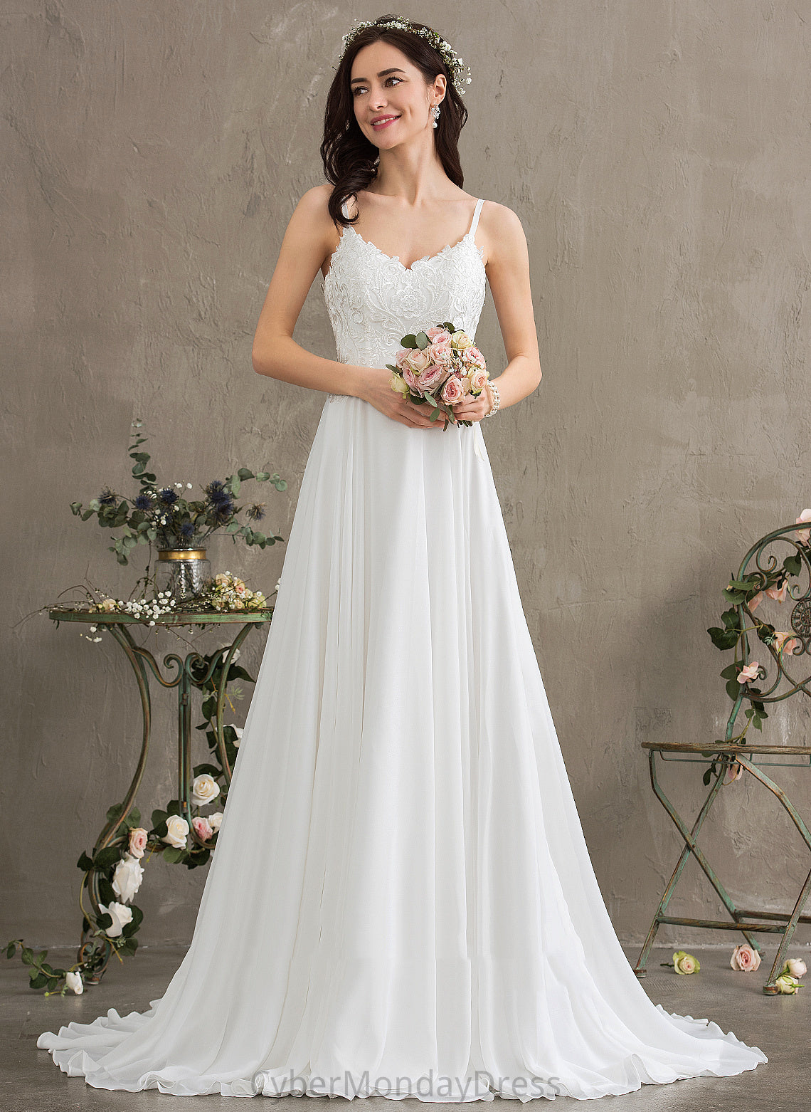 Kianna A-Line Wedding Dress Sweetheart Chiffon Wedding Dresses Train Sweep Lace