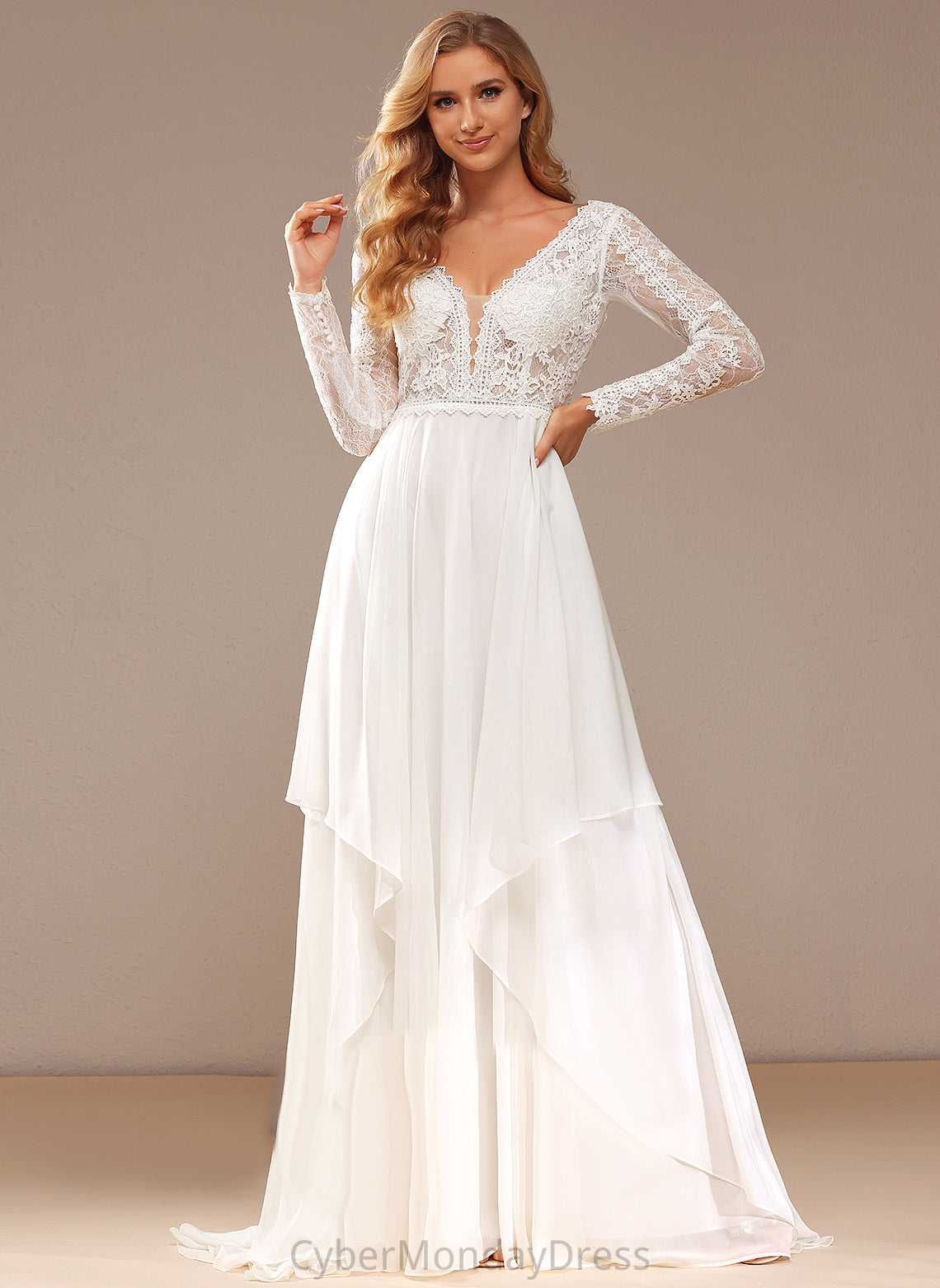 Aleah A-Line Train Dress Ruffle Wedding Dresses Lace Lace With Chiffon V-neck Wedding Court