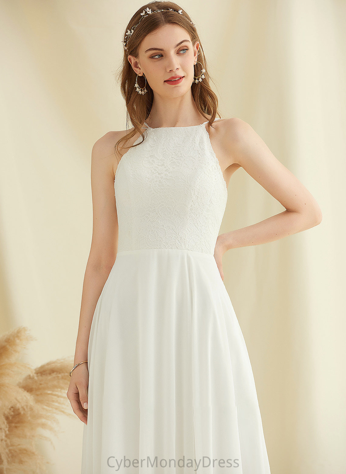 Lace Neck Scoop A-Line Dress Patsy Chiffon Pockets With Wedding Floor-Length Wedding Dresses