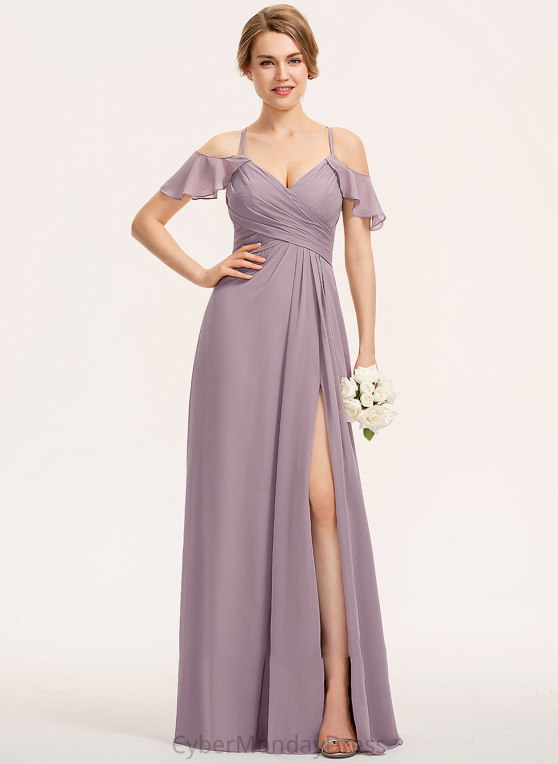 Embellishment Neckline Ruffle Floor-Length SplitFront CascadingRuffles V-neck Silhouette A-Line Fabric Length Susanna Bridesmaid Dresses