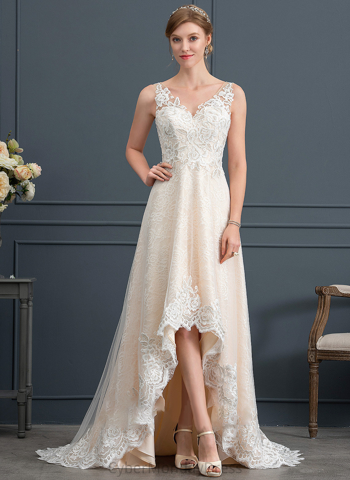 V-neck Asymmetrical Dress With Wedding A-Line Wedding Dresses Eve Lace Tulle