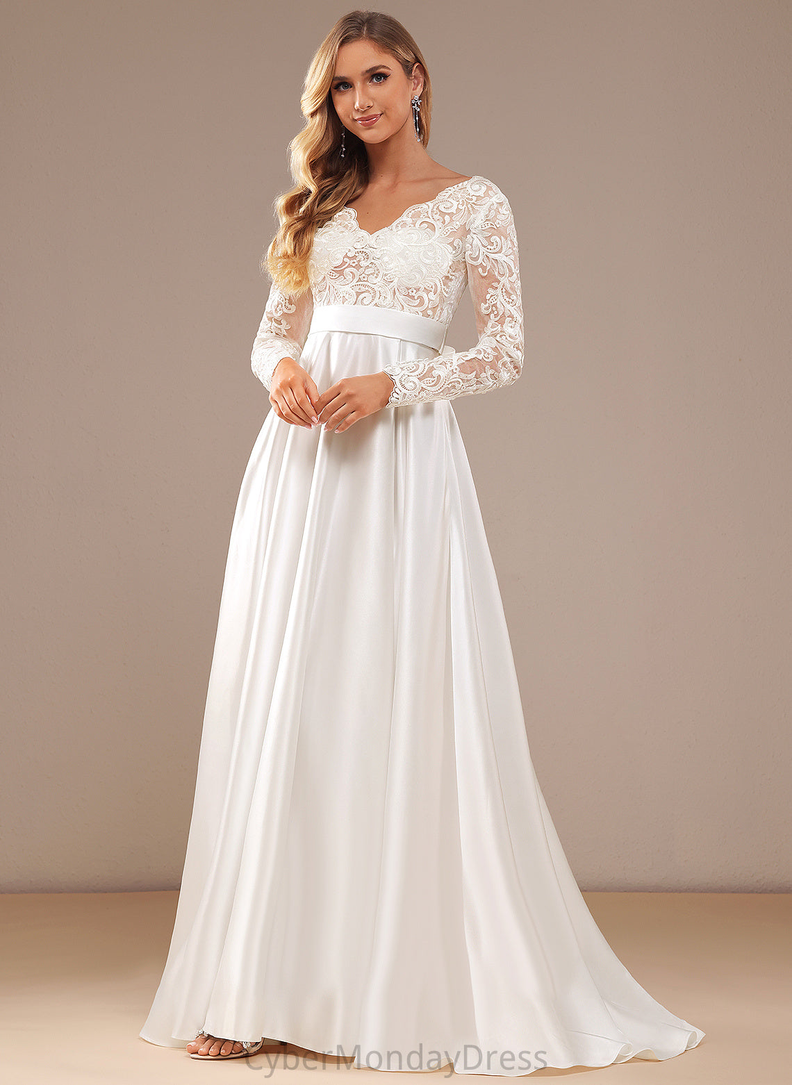 Dress Train Wedding Dresses V-neck Bow(s) Ball-Gown/Princess Lace Jaelynn Lace Satin With Sweep Wedding