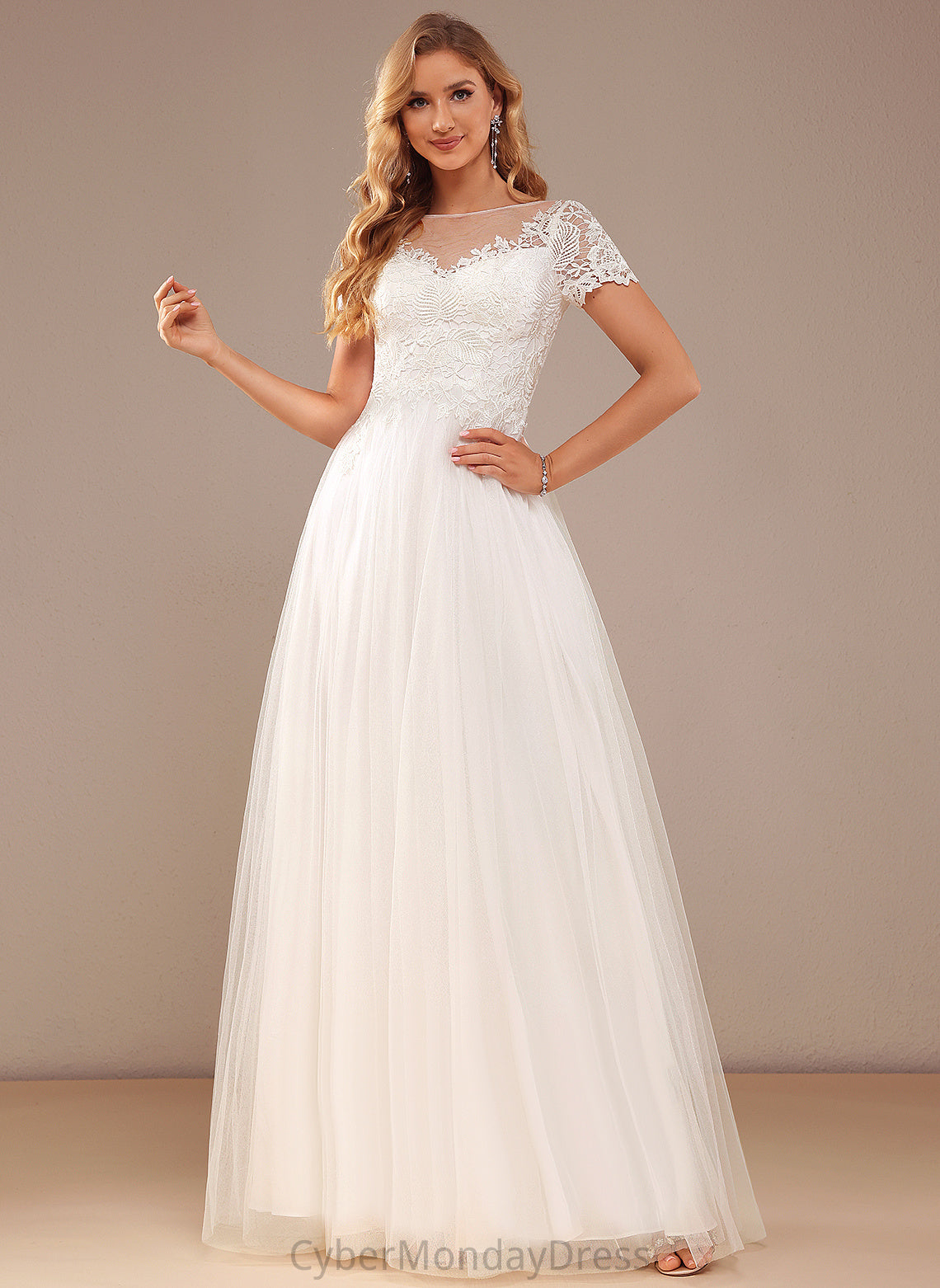 Bridget Wedding Floor-Length Lace Tulle Scoop Neck With Lace Wedding Dresses Dress A-Line