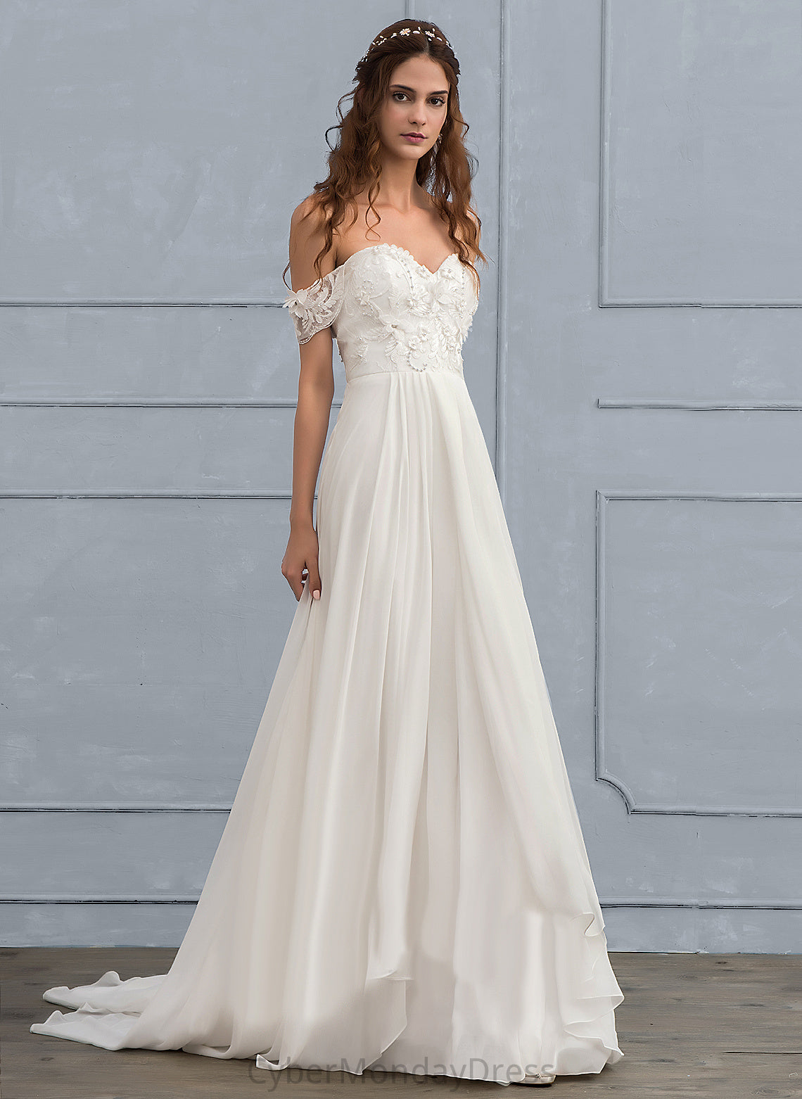 Cierra Chiffon A-Line Beading Wedding Wedding Dresses Lace Dress With Sweep Off-the-Shoulder Flower(s) Train