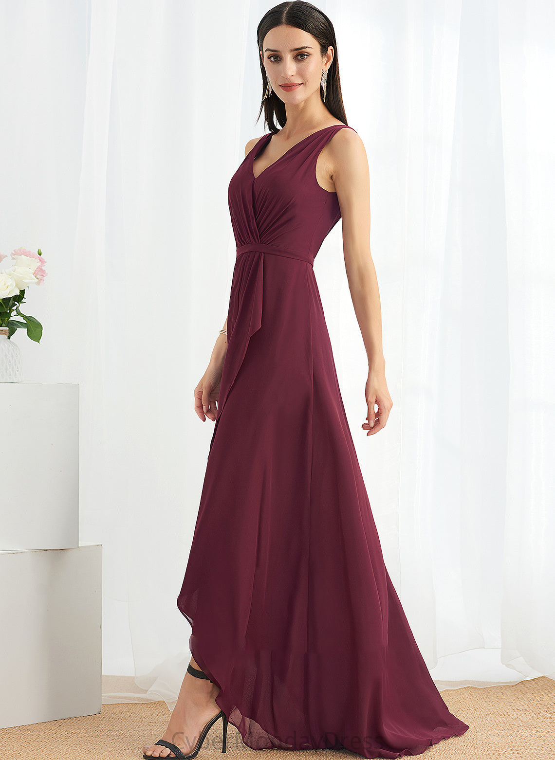 A-Line V-neck Neckline Silhouette Length SplitFront Embellishment Asymmetrical Fabric Emely Natural Waist Sleeveless Bridesmaid Dresses