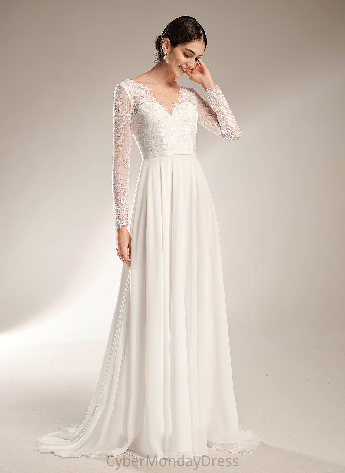 Luciana Lace V-neck Wedding Dresses Dress Sweep Train Wedding A-Line Chiffon