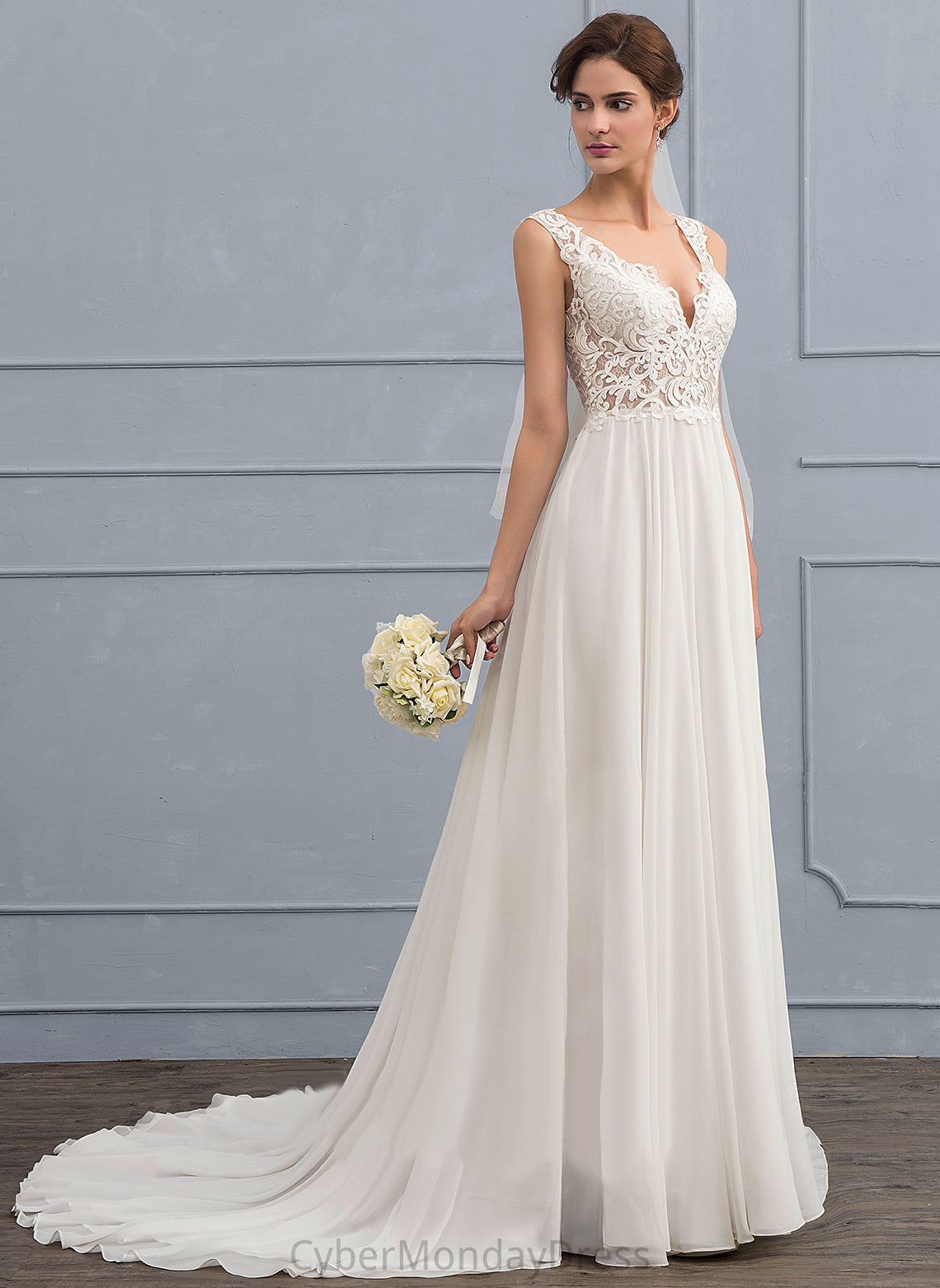 Dress Court Jayda V-neck Train Wedding Dresses Lace Wedding Chiffon A-Line