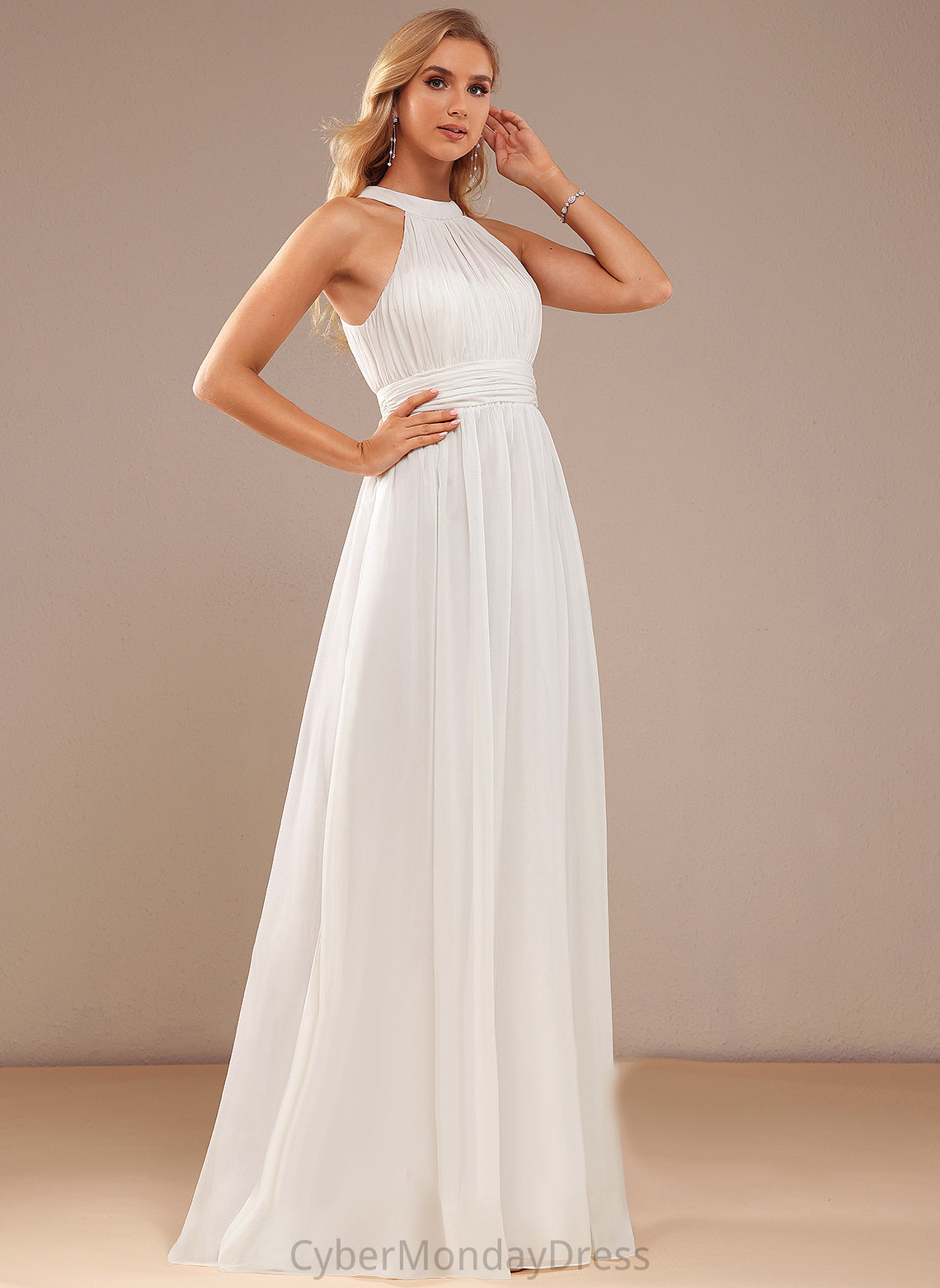 A-Line Wedding Chiffon Neck Dress Ruffle Floor-Length With Wedding Dresses High Lilia