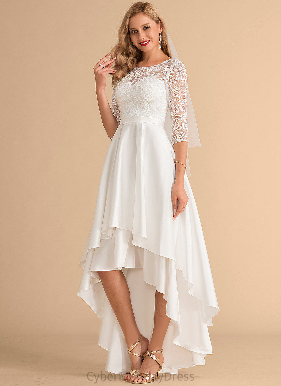 Wedding Asymmetrical Scoop Wedding Dresses Dominique A-Line Lace Satin Dress