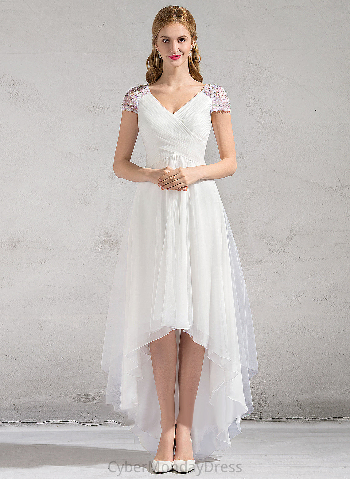 Wedding Dress Sequins Tulle V-neck Ruffle A-Line Asymmetrical Jenna Wedding Dresses With Beading