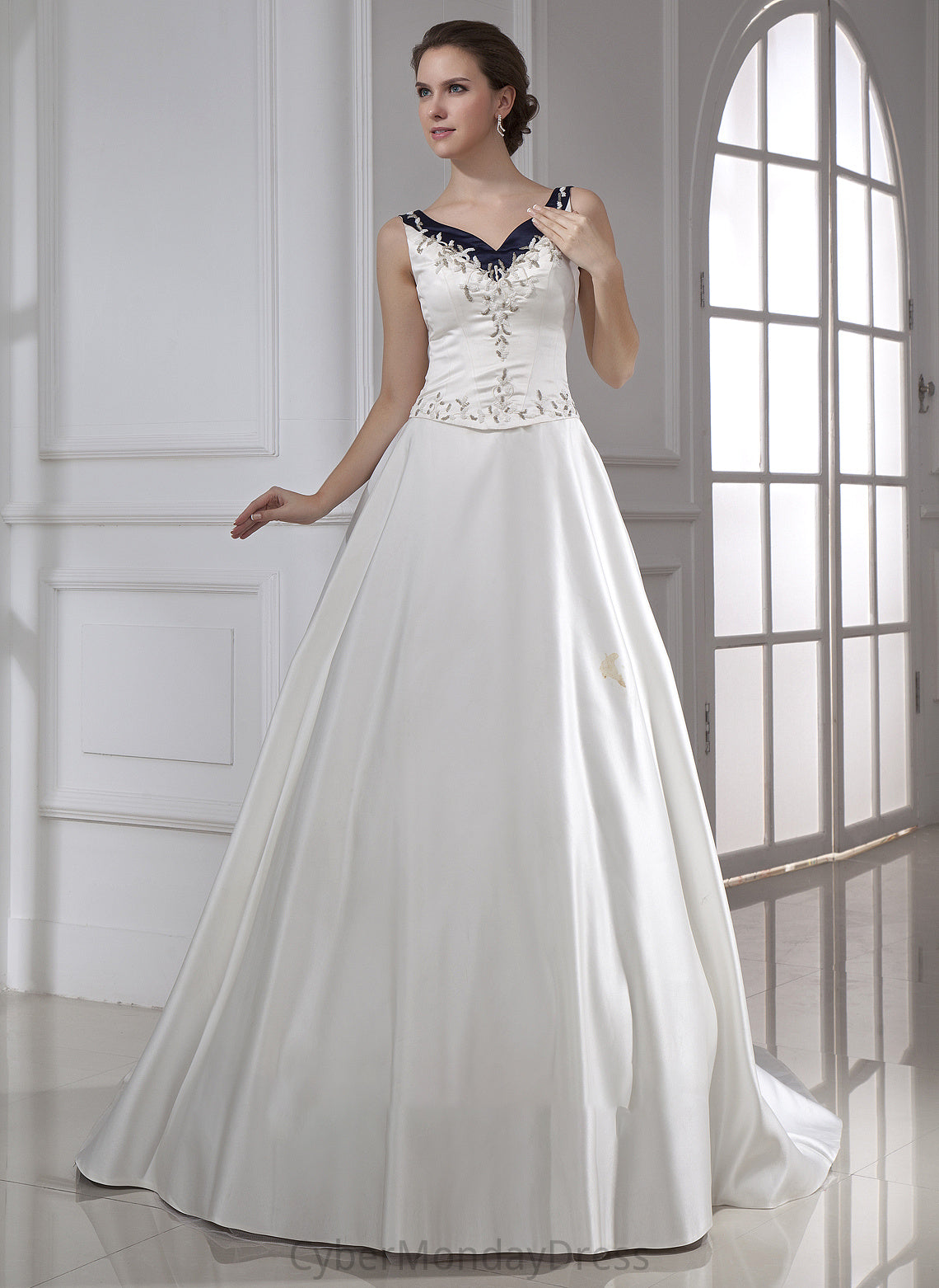 With Ball-Gown/Princess Beading Wedding Train V-neck Sequins Chapel Wedding Dresses Satin Embroidered Kirsten Dress