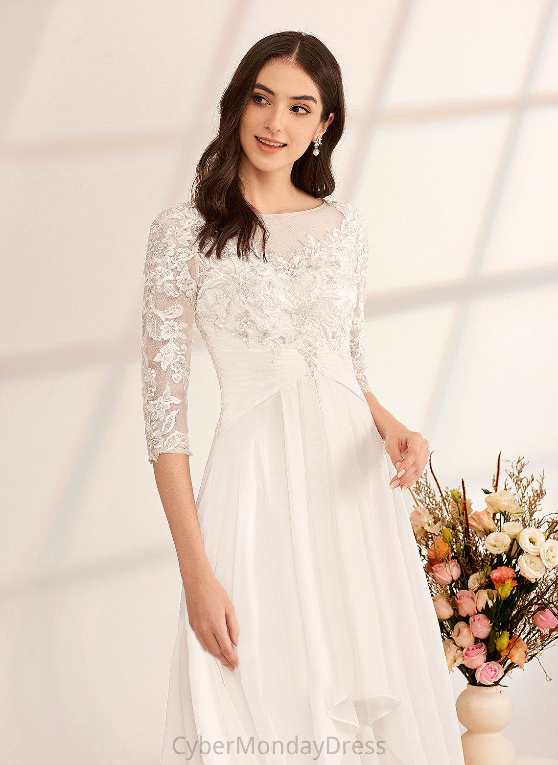 Wedding Wedding Dresses Ruffle Illusion A-Line Dress Chiffon Norah With Lace Floor-Length Beading