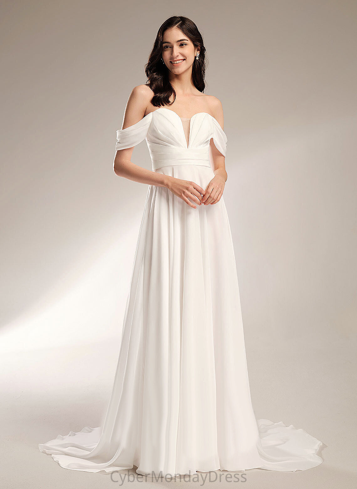 Jaelynn Train Wedding Dress Off-the-Shoulder Pleated Wedding Dresses Court A-Line Chiffon With