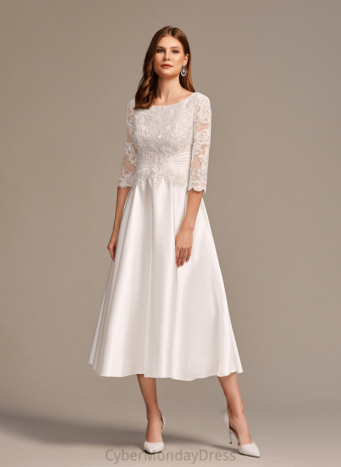 Leah Satin Wedding Scoop Tea-Length A-Line Wedding Dresses Lace Dress