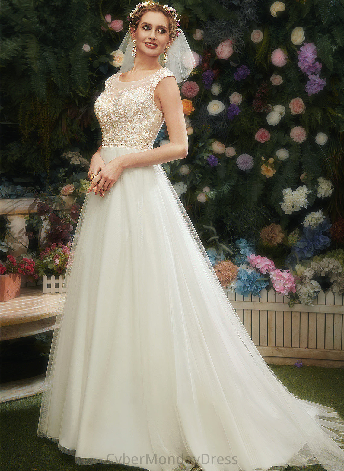 A-Line Beading Dress Lace Wedding Dresses With Illusion Skye Train Court Wedding Sequins