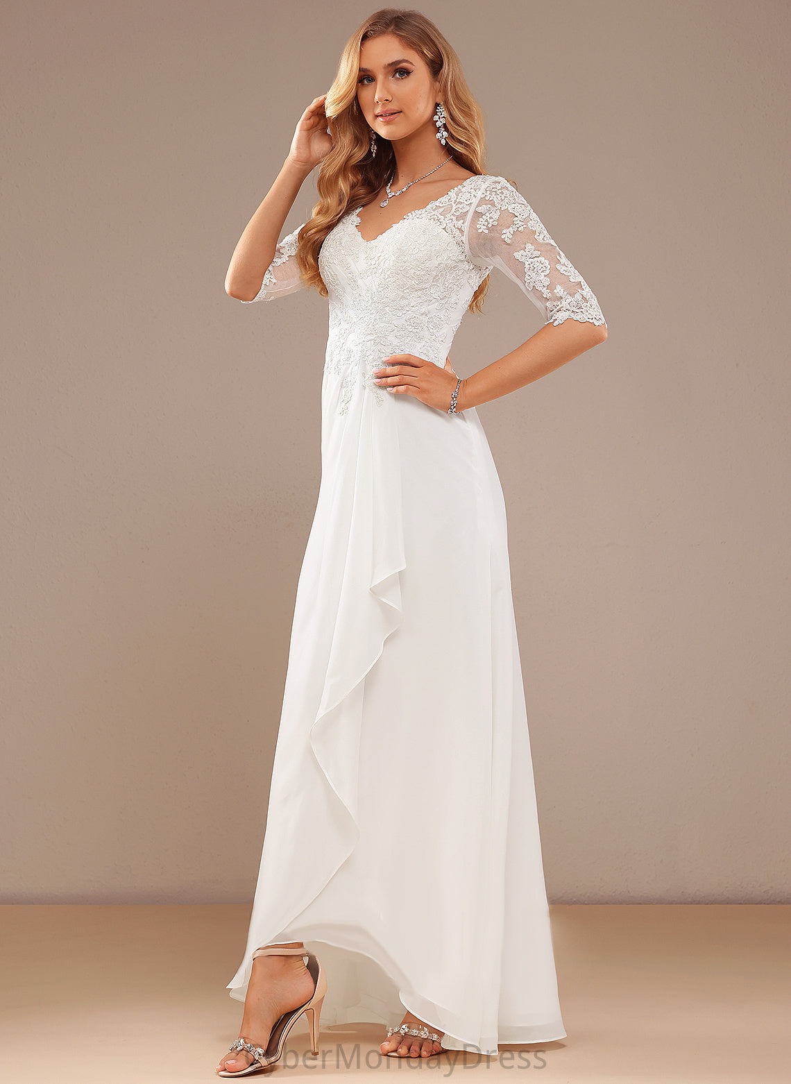 A-Line Asymmetrical Dress Ruffle Chiffon Wedding Yaritza V-neck With Lace Lace Wedding Dresses