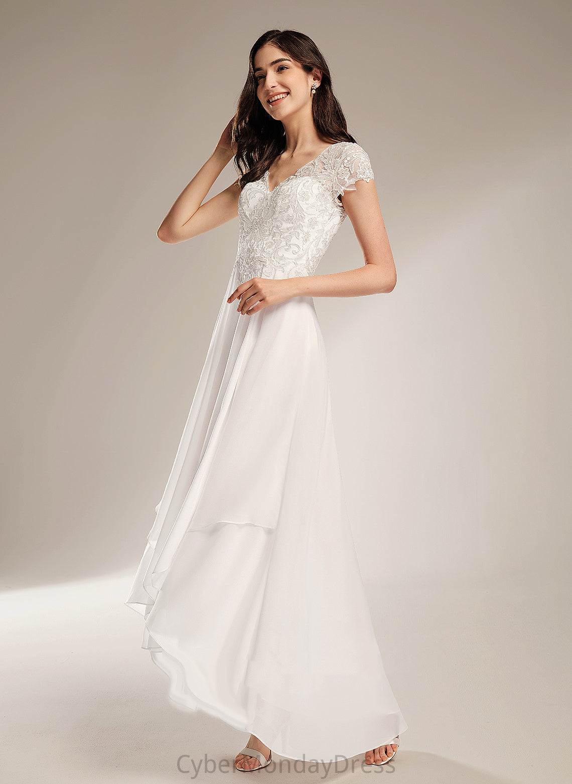 With Chiffon V-neck Lace Asymmetrical A-Line Dress Wendy Wedding Dresses Wedding