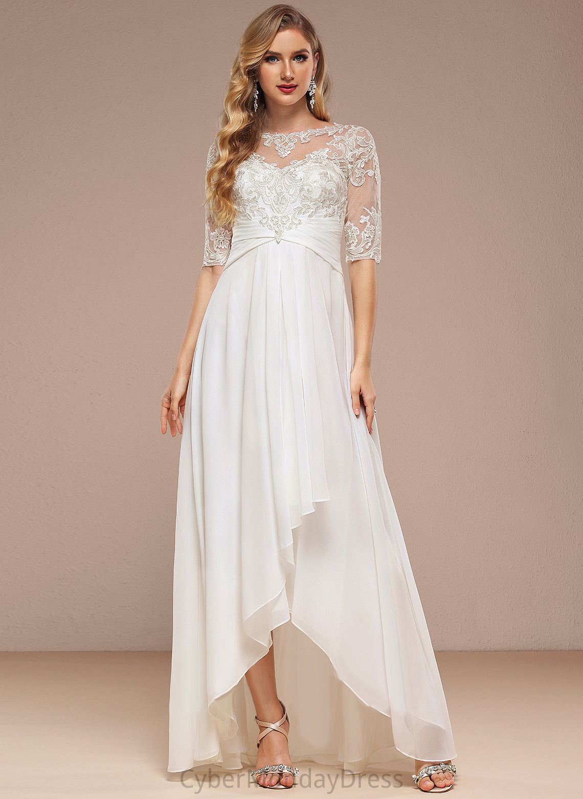 Lace A-Line Chiffon Jordin Dress Boat Asymmetrical Wedding Neck Wedding Dresses