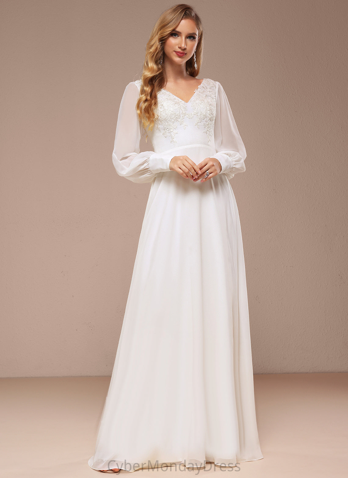 Floor-Length Wedding Dresses Lace Dress Chiffon Wedding A-Line V-neck Makenzie Sequins With