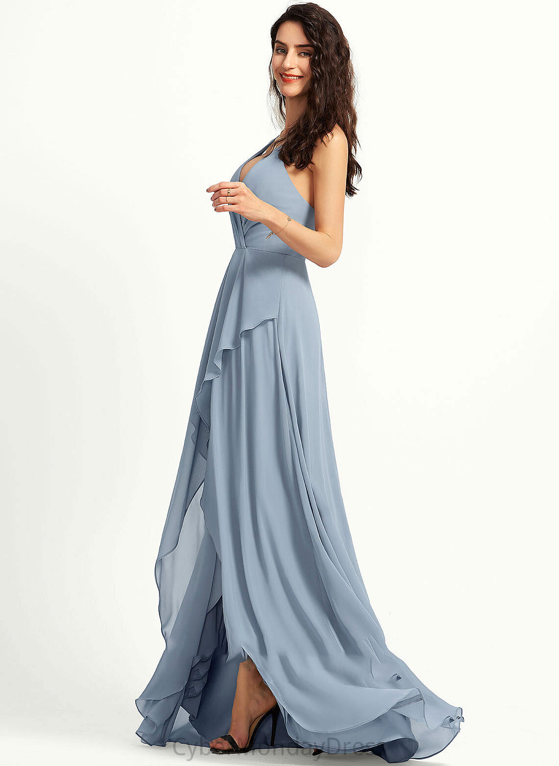 A-Line V-neck Silhouette Neckline Length Fabric Straps Asymmetrical Justine Bridesmaid Dresses