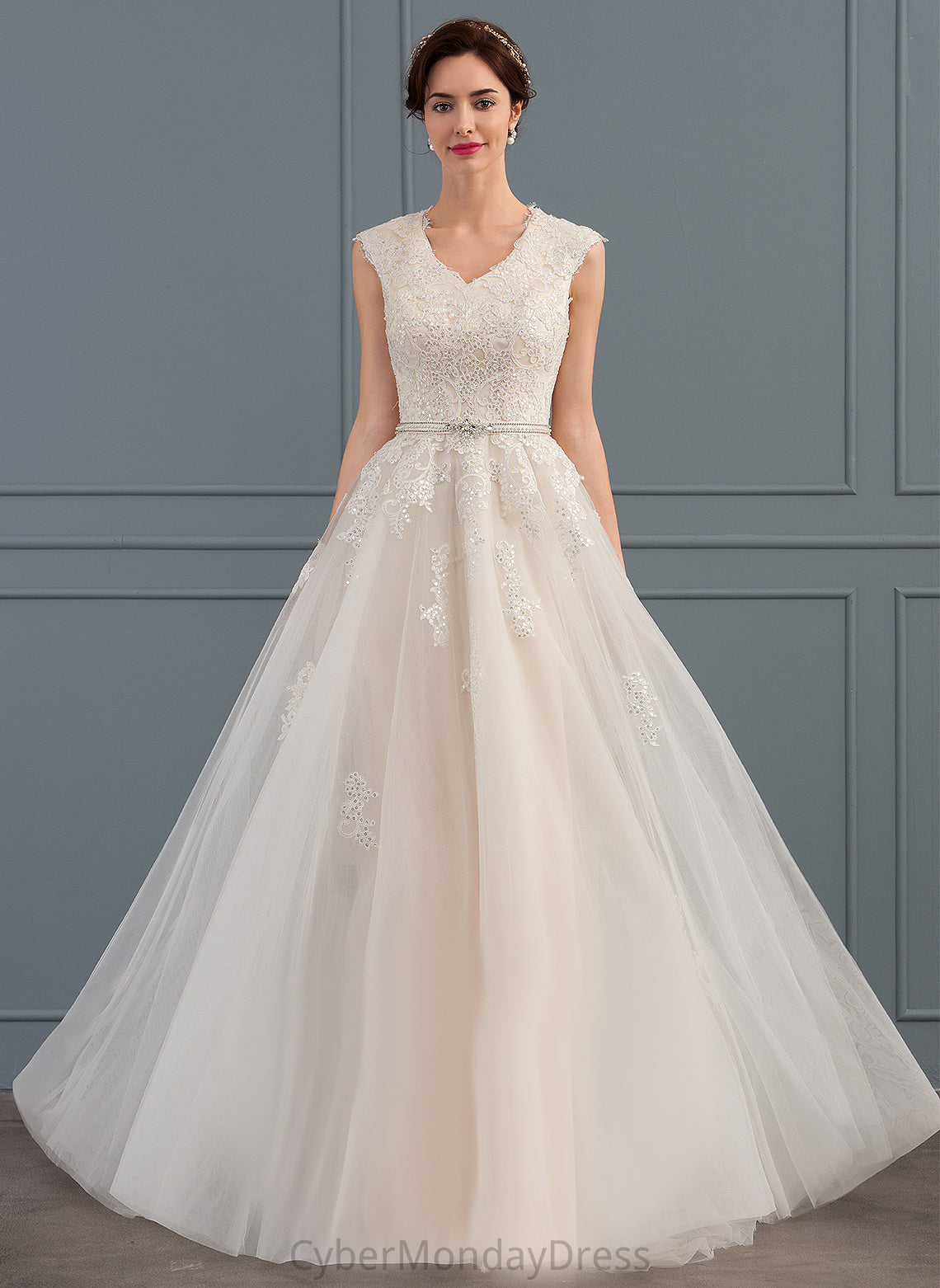 Sequins Dress Wedding Dresses A-Line With V-neck Train Sweep Beading Tulle Kelsie Wedding Lace Bow(s)