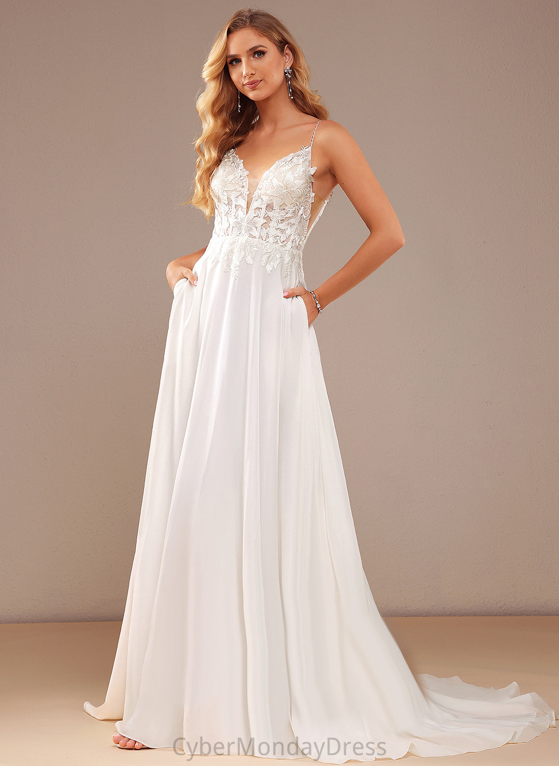 V-neck Court Train Feather Wedding Wedding Dresses Lace Journey A-Line Dress Beading With Pockets Sequins Chiffon Lace