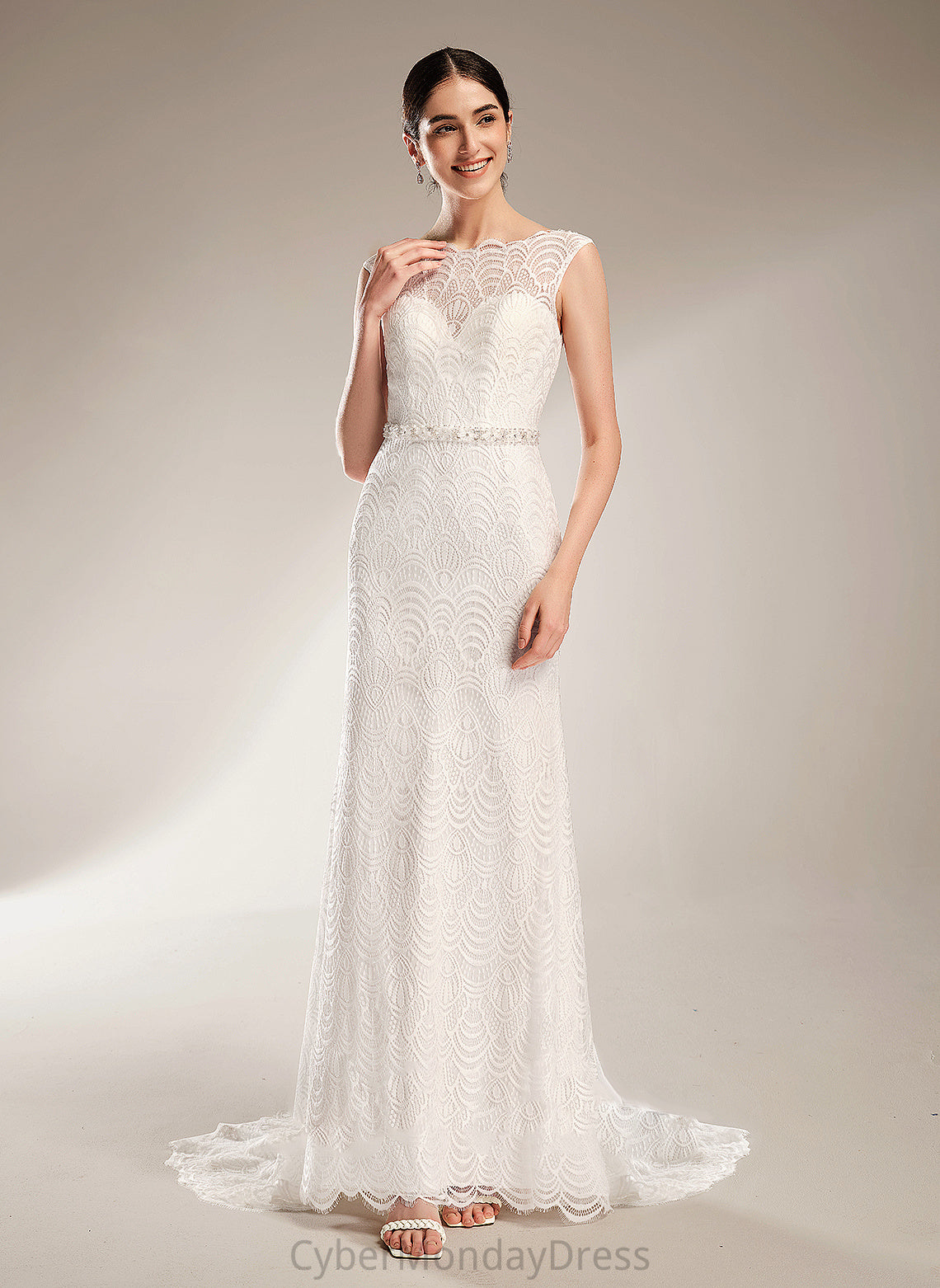 Train Dress Court Beading Sequins Sheath/Column With Wedding Wedding Dresses Lace Scoop Jaslyn Neck