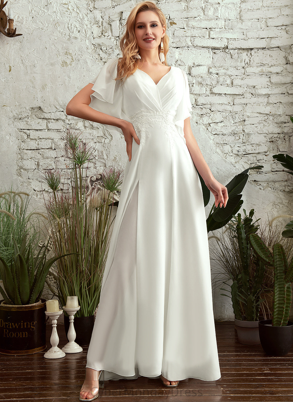 Chiffon Lace Split A-Line Dress Thelma Wedding V-neck With Wedding Dresses Floor-Length Front