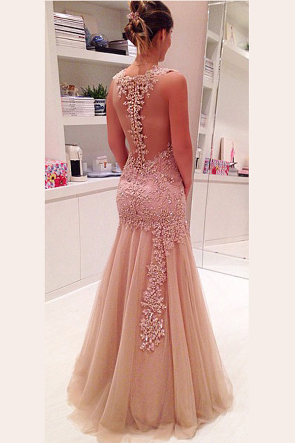 Elegant V Neck Tulle Sheer Back Appliques Floral Prom Dresses