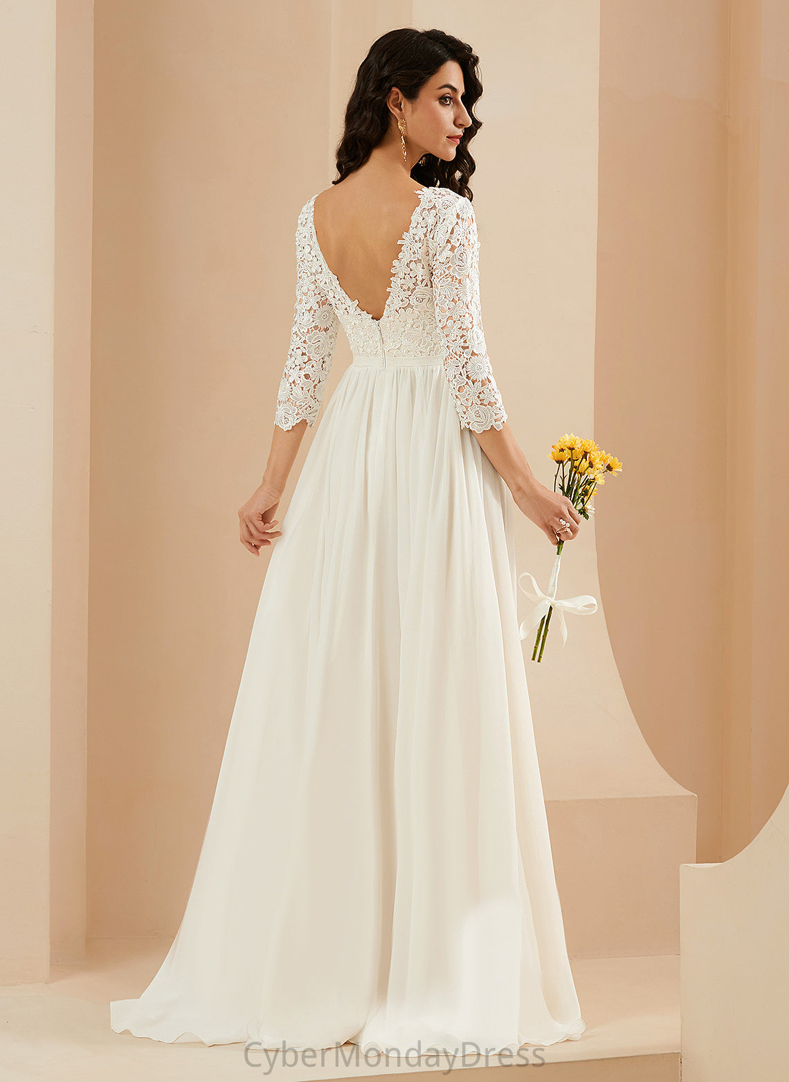 Lace Sweep Chiffon Avery Train A-Line Dress Scoop Wedding Neck Wedding Dresses With