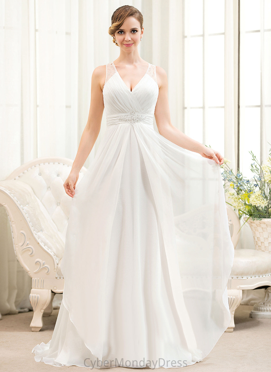 V-neck With A-Line Beading Train Ruffles Savanna Sequins Cascading Sweep Tulle Dress Wedding Dresses Chiffon Wedding