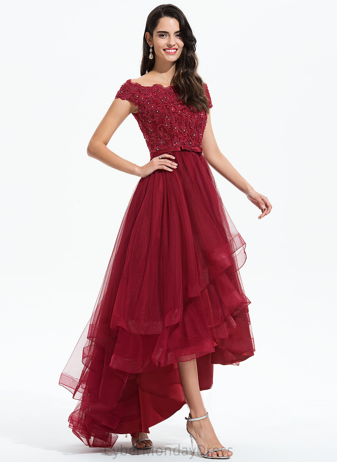 Wedding Asymmetrical Sequins Off-the-Shoulder With Macie Bow(s) Tulle A-Line Wedding Dresses Lace Beading Dress