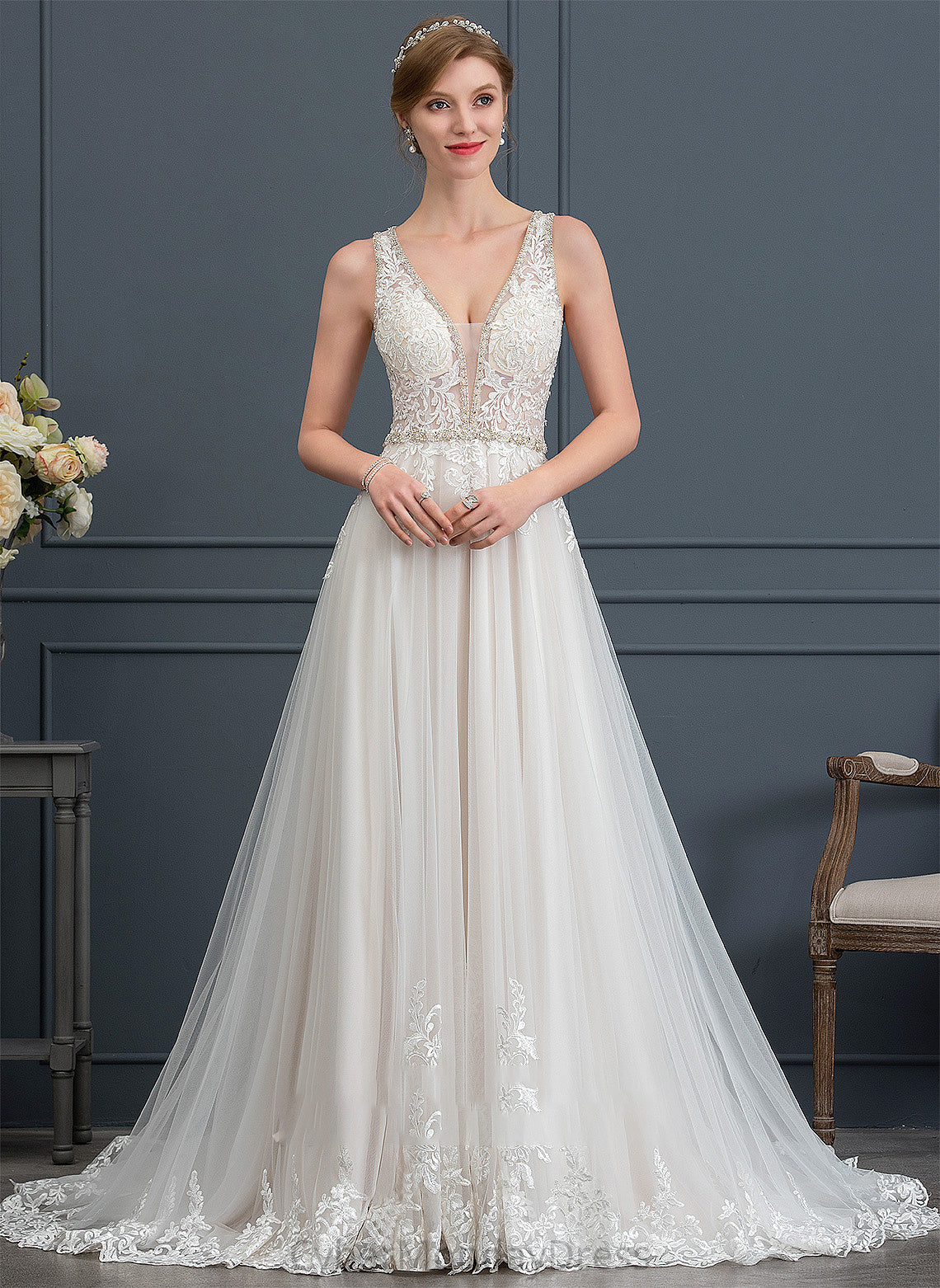 Court With Wedding Tulle Sequins Beading Ball-Gown/Princess Dress Delilah Train V-neck Wedding Dresses