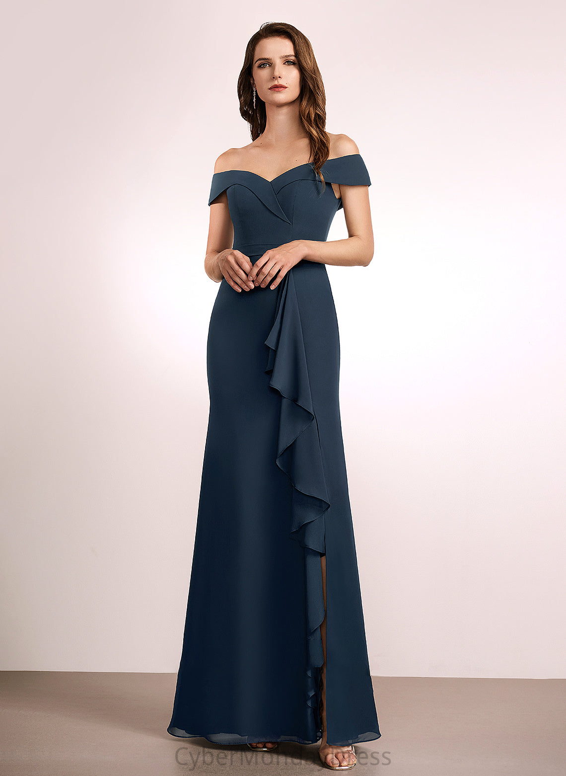 Fabric Floor-Length Ruffle Silhouette Length A-Line Neckline Off-the-Shoulder Embellishment Penny Straps Sleeveless Bridesmaid Dresses